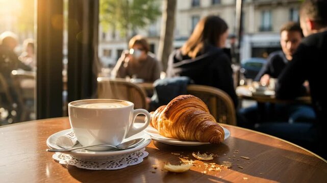 White cup of coffee and a croissant on a table at an outdoor cafe with people in the background. Morning breakfast.