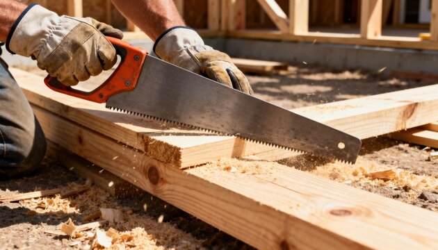 A construction worker wearing gloves cuts a wooden plank with a handsaw, generating sawdust at a building site.