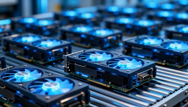 Manufacturing line of high-performance computer graphics cards with glowing blue fans on rollers.