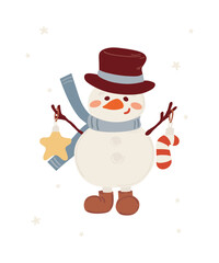 Happy snowman character holding Christmas tree decorations. Holiday clipart for greeting card and invitation designs.