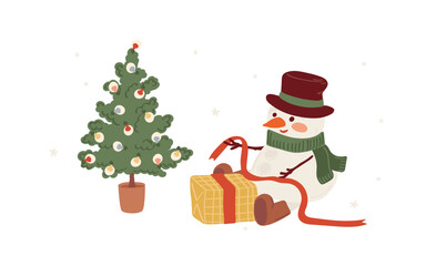 Snowman in funny hat opens received Christmas gift. Smiling holiday character isolated on white.