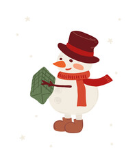 Cute snowman character in funny hat holding Christmas gift. Holiday clipart for greeting card and invitation designs. Vector illustration.
