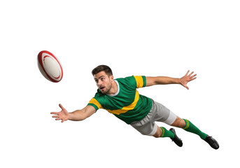 Rugby player diving catching ball action shot sports athlete png image for graphic design projects isolated on transparent background