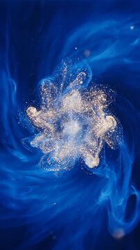 Extreme macro slow motion capture of microscopic particles floating and swirling gently through a vaporous deep blue void texture field slow motion, ethereal, blue