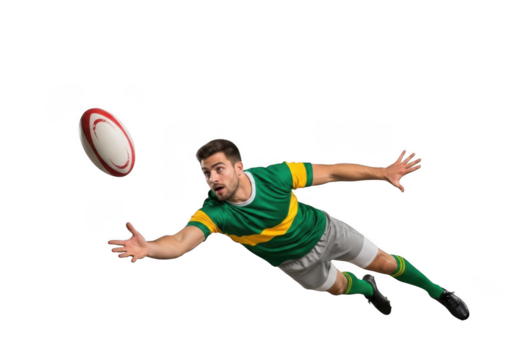 Rugby player diving catching ball action shot sports athlete png image for graphic design projects isolated on transparent background