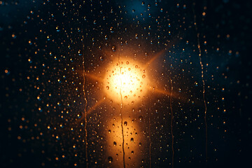 Raindrops on a window with a blurred street light shining through it