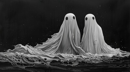 High-Contrast Horror-Inspired Artwork Showing Translucent Spirits in Dark Environment