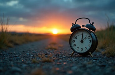 An old retro alarm clock rests on a gravel path at sunset. Golden hour light bathes the scene. A reminder of time passes. Nature provides a serene backdrop.