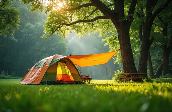 Orange and green camping tent set up on a grassy meadow under a large tree. Yellow tarp provides shade. Sunlight streams through leaves, rain falls gently in background. Picnic tables nearby.