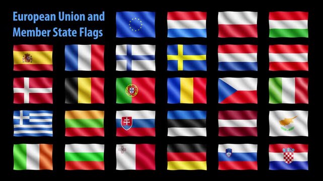 Collection of European Union and EU member state flags on a transparent background. High-quality waving flags arranged in a clean grid layout.