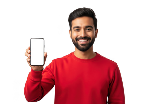 Smiling young man in red sweater holding up blank smartphone screen for app promotion mockup isolated on transparent background