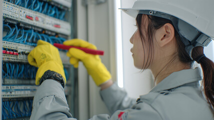 女性スタッフが配電盤の内部を点検・調整している技術的な場面