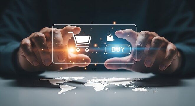 Hands holding a virtual screen with online shopping icons, representing ecommerce and digital retail experience