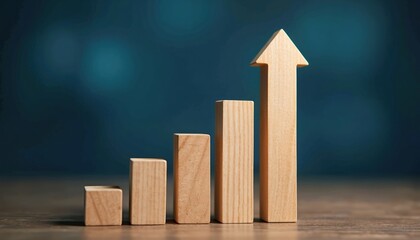 Wooden blocks form rising bar graph with arrow pointing up. Represents business growth success finance data analysis and investment progress.