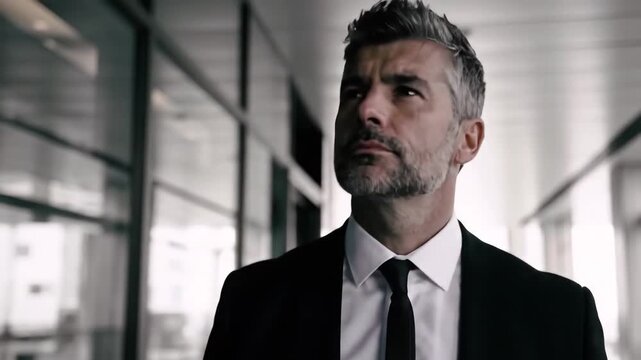 A focused professional in a sharp suit walks through a modern office corridor, embodying determination and corporate success with a contemplative expression