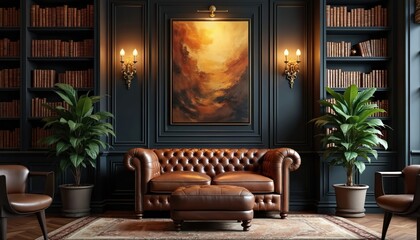 Brown leather tufted sofa with ottoman placed before dark paneled wall with abstract art and tall bookshelves. Two green potted plants flank sofa. A classic library room.