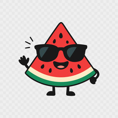 Cute cartoon watermelon wearing sunglasses. Flat vector illustration with a fun fruit character on a transparent background. Vector illustration EPS10.