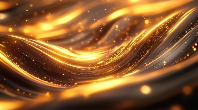 Golden waves flowing with glittering particles on dark background
