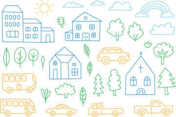 City map including a house and landscape.  style of hand-drawn sketch.  Vector depiction of a house, tree, and mountain for a village or city map