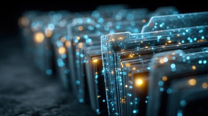 Futuristic file management interface showing document scanning and cloud data storage