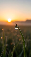 Close-up of a dew drop on a blade of grass during sunrise with a blurred background of the horizon and sky