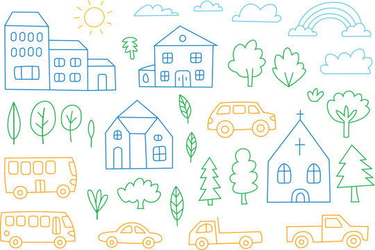 City map including a house and landscape.  style of hand-drawn sketch.  Vector depiction of a house, tree, and mountain for a village or city map
