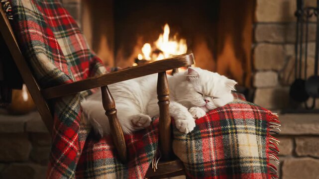 Cozy white cat sleeping on rocking chair with plaid blanket by fireplace  