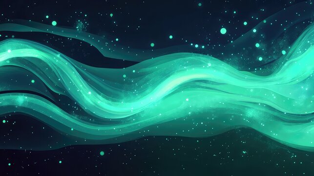 Glowing wave abstract background with flowing green particles
