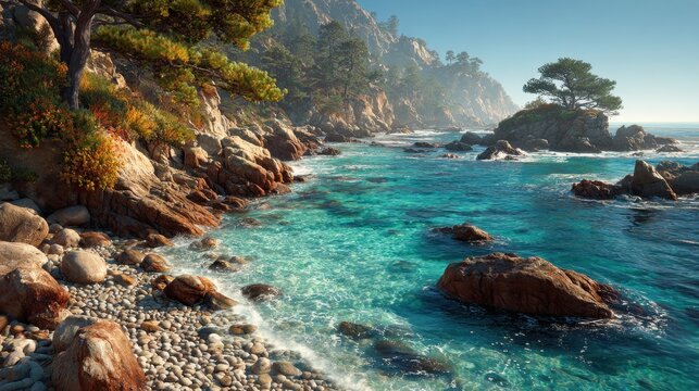 Sun-drenched pebble beach on a summer day at Martha's Vineyard, with waves gently washing ashore and clear water reflecting the sky