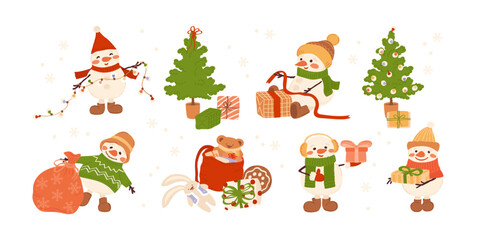 Joyful snowman preparing a wrapping presents, decorating Christmas tree with garland. Funny holiday characters with a Santa bag and gifts. Vector clipart set.