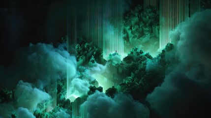 Futuristic city blocks generating digital data in clouds