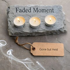Lit Candles on Stone Memorial with Faded Moment Inscription