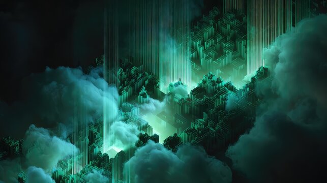 Futuristic city blocks generating digital data in clouds