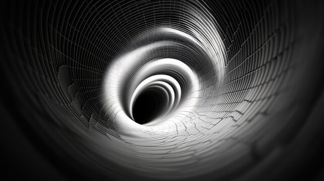Abstract black and white spiral vortex presenting futuristic tunnel