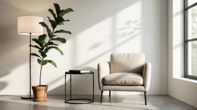 Stylish armchair next to a floor lamp and a tall potted plant in a sunlit room