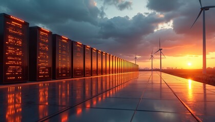 Server racks with glowing lights stand next to wind turbines at sunset. Solar panels reflect the orange sky. Clean energy generation and data storage infrastructure blend modern tech with nature.