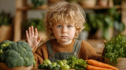 Little boy refusing vegetables, promoting healthy eating habits for kids, nutrition concept