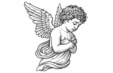 angel with wings, Angel of love, Cherub with wings isolated on white, vector art, ready for card or invitation, save the date party. valentine's day, editable stroke.