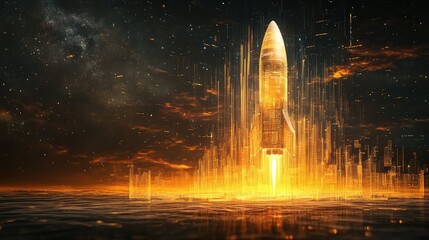 Rocket launching from digital city waterfront at night