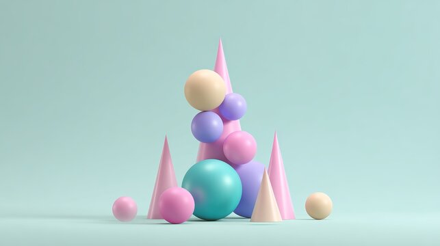 3D geometric shapes forming minimalist Christmas tree, spheres and cones, pastel gradient background - Powered by Adobe