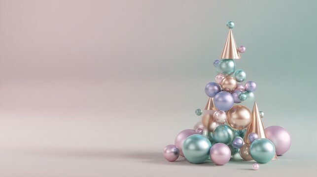 3D geometric shapes forming minimalist Christmas tree, spheres and cones, pastel gradient background