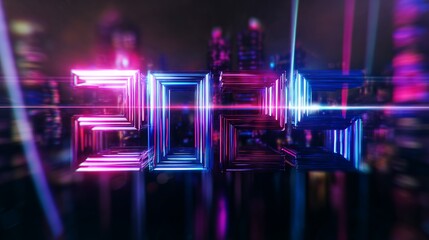 Fototapeta premium 2025 numbers in neon cyberpunk style, glowing pink and blue tubes, dark futuristic city blur in background
