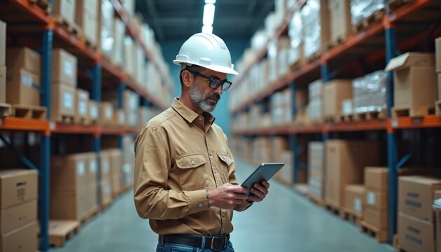 Mature man wearing hard hat holds tablet checking inventory in warehouse aisle. Rows of shelves packed with boxes surround him. He wears glasses and a tan shirt focused on his work, managing stock.