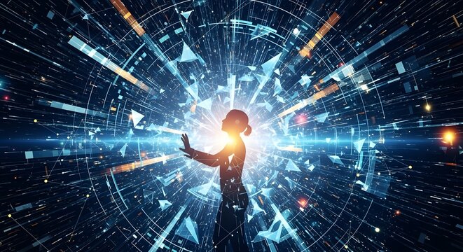 Futuristic Woman Interacting with Digital Data and Technology Interface