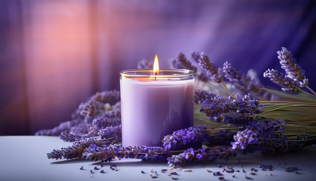 a lavender candle burns steadily surrounded by fragrant lavender flowers