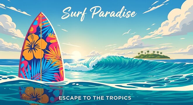 Colorful surfboard at tropical beach with ocean waves and clear blue sky