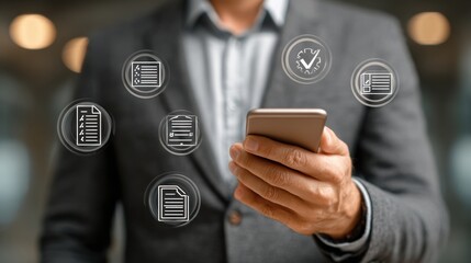 Businessman managing digital documents with smart checklist using smartphone for online automation and paperless efficient operations