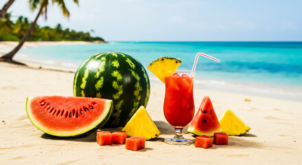 Tropical beach with fruits and drink