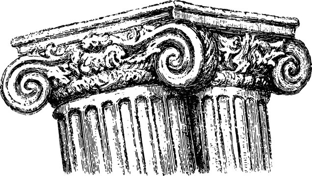 Classic column with ornate details in black and white. This stylized vector illustration showcases architectural features in an elegant design set.