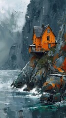 Cinematic Scene Showing an Orange Coastal House Above Rugged Cliffs with Moody Atmosphere
